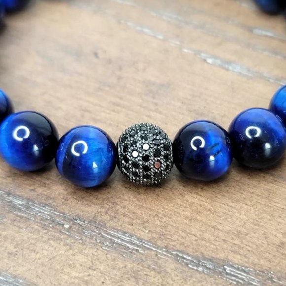 10mm Polished Dark Blue Tiger Eye Crystal Ball Stretch Bracelet - Picture 2 of 11